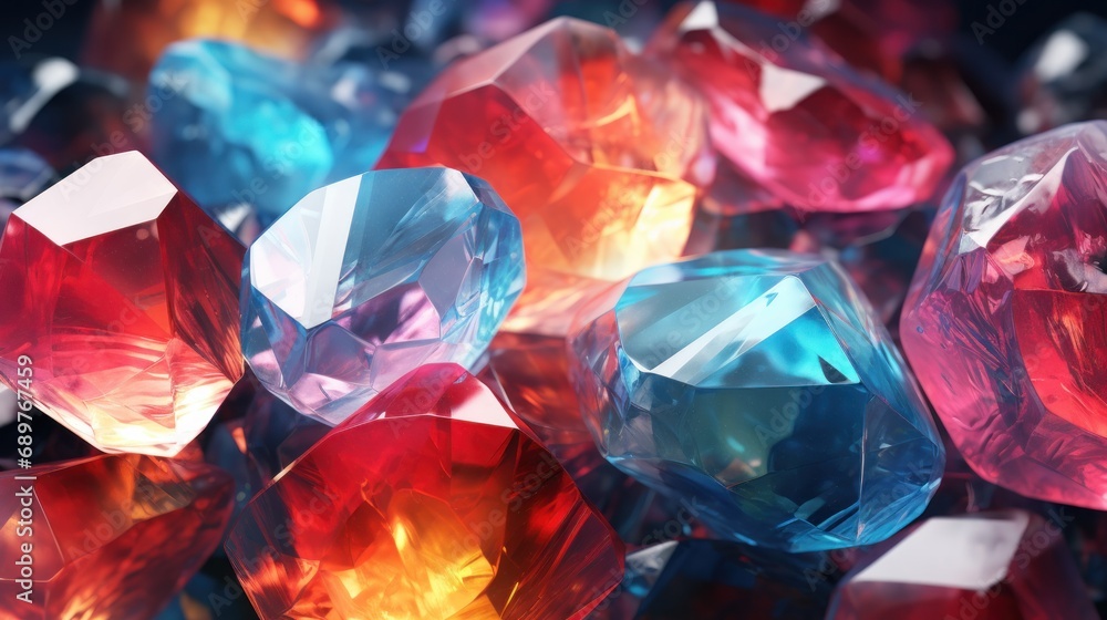 Poster a close up of a bunch of different colored diamond like objects with a black background that appears