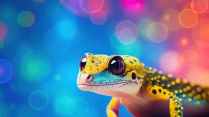  a close up of a yellow and black gecko on a person's hand with blurry lights in the background.