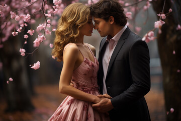 romantic couple of young people kissing on an alley of flowering trees in spring