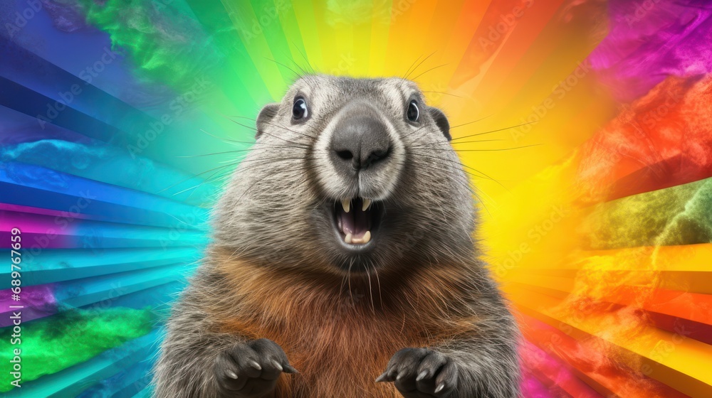 Poster a close up of a groundhog in front of a multicolored background with a rainbow light coming out of i