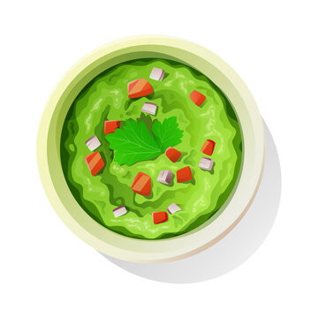 Guacamole sauce in a round bowl on a white background, top view.