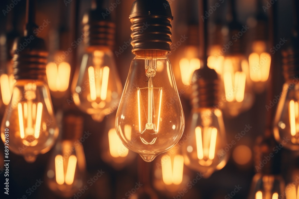 Poster A cluster of light bulbs suspended from a ceiling. Versatile and suitable for various lighting concepts