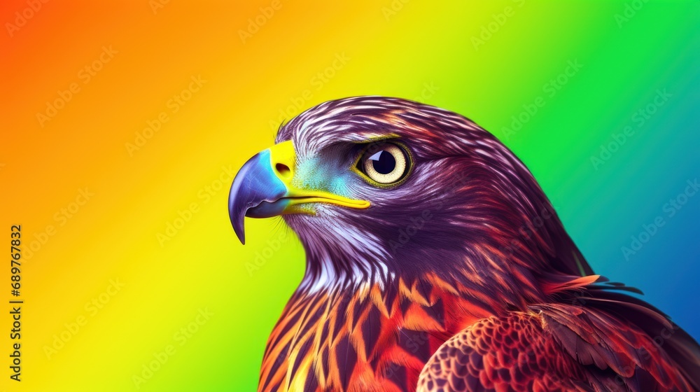 Aufkleber a close up of a bird of prey with a multicolored background and a rainbow - hued background.