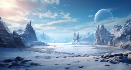  a snowy landscape with mountains, rocks, and a body of water in the foreground and a distant planet in the background.