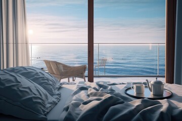 Fototapeta premium A bedroom with a stunning view of the ocean. Perfect for beachfront getaways or coastal-themed designs