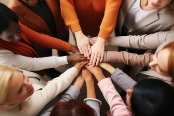 A group of people joining their hands together in unity. Suitable for team building, collaboration, and partnership concepts