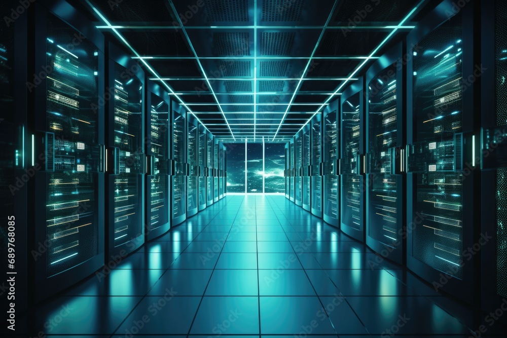 Aufkleber A long hallway filled with rows of servers, ideal for technology and data center concepts