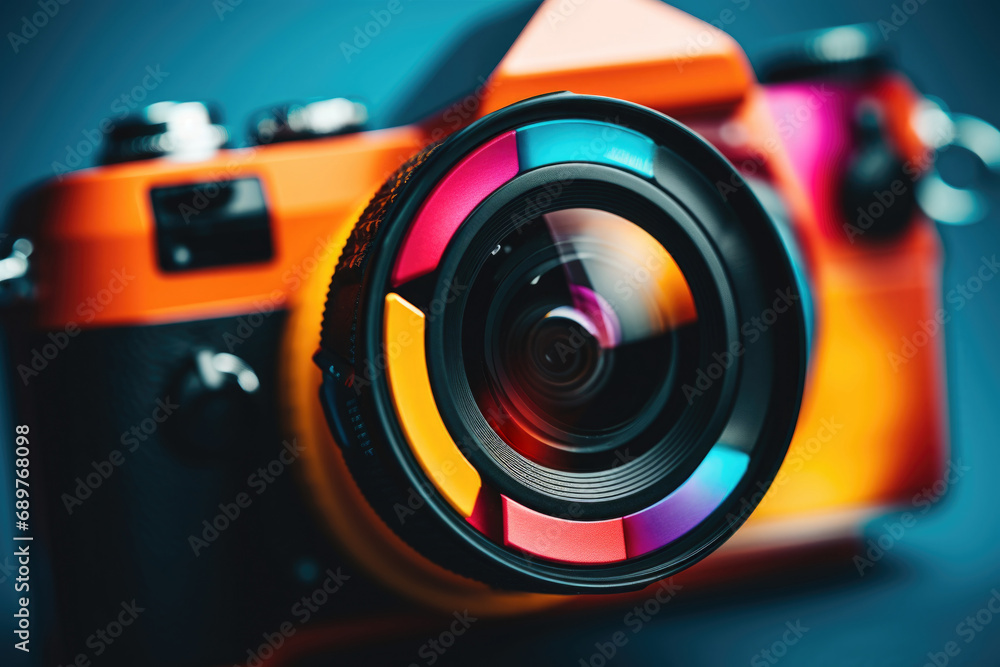 Poster A close-up view of a camera with a vibrant and colorful lens. This versatile image can be used in various projects and designs