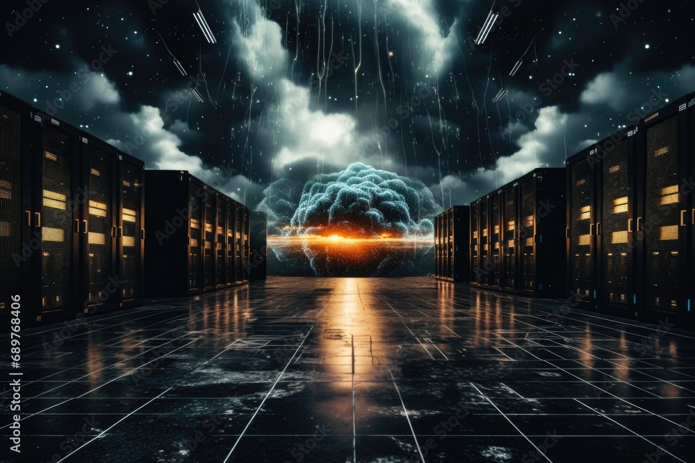 Aufkleber A dark room illuminated by a large cloud in the center. This image can be used to create a mysterious or surreal atmosphere