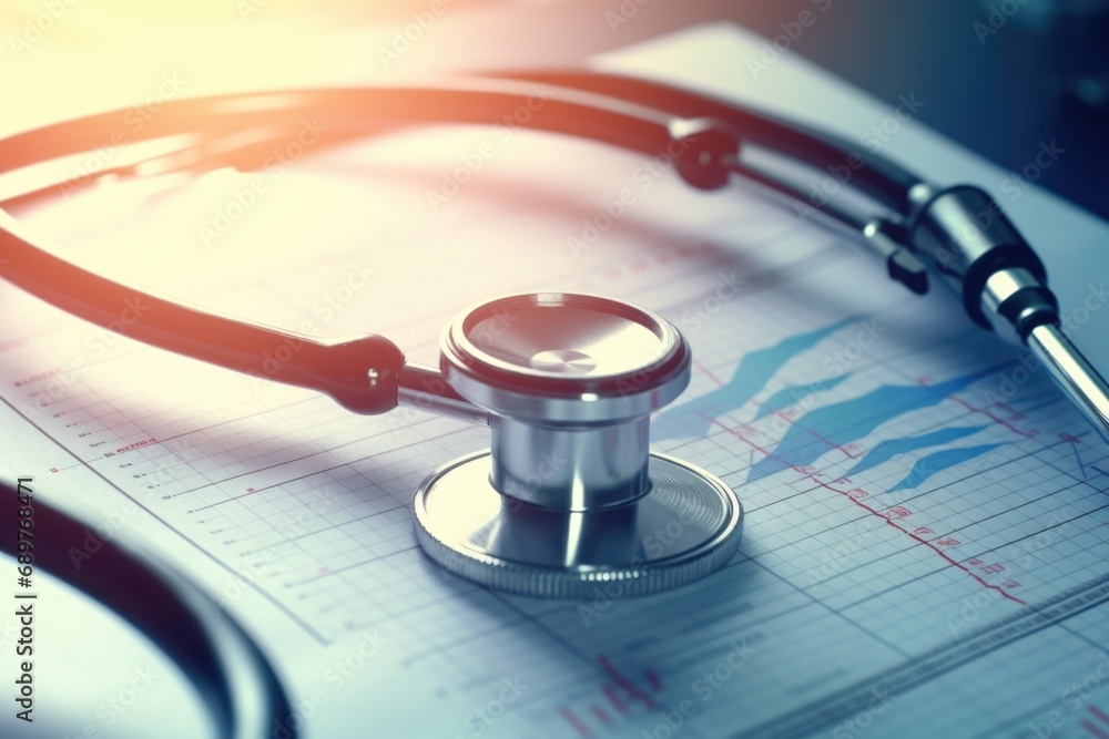Poster stethoscope sitting on top of a piece of paper. versatile image that can be used for medical, health
