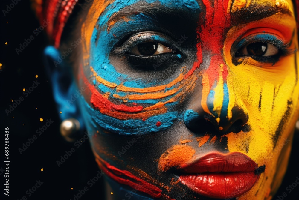 Poster a close up shot of a person with a painted face. this image can be used for various purposes