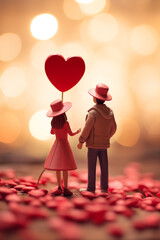 Valentine's Day card. Toy figures of man and woman, couple, with heart on blurred background with beautiful lights and bokeh. - obrazy, fototapety, plakaty
