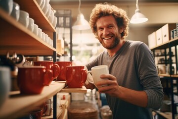 A man is seen holding a cup inside a store. This image can be used to depict a variety of scenarios involving shopping, beverages, or leisure activities - obrazy, fototapety, plakaty