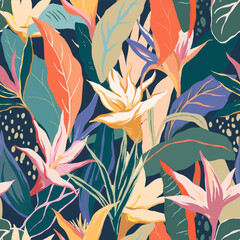 Modern exotic floral tropical vector pattern. Collage contemporary seamless pattern. Hand drawn cartoon style pattern. Minimalism