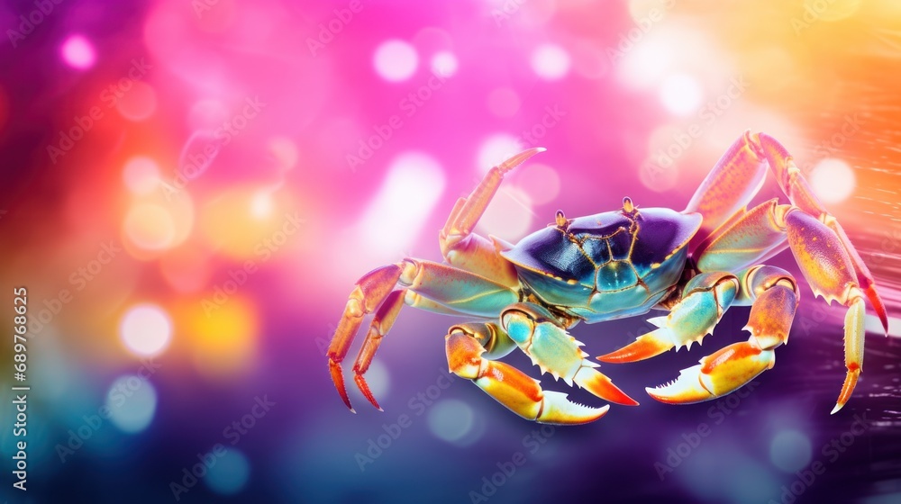Poster a close up of a crab on a blurry background with a blurry image of a building in the background.