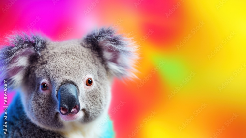 Poster a close up of a koala on a multicolored background with a blurry image of the koala.