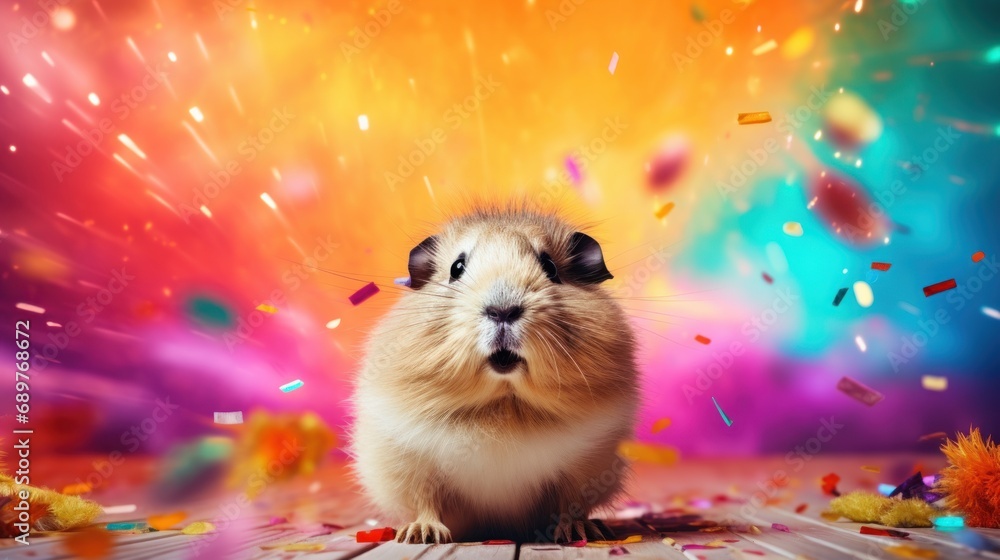 Poster a close up of a rodent with confetti in front of a colorful background with confetti.