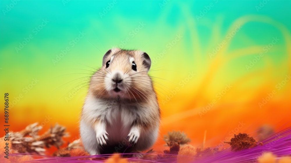 Poster a brown and white hamster standing on its hind legs in front of a multicolored background with flowe