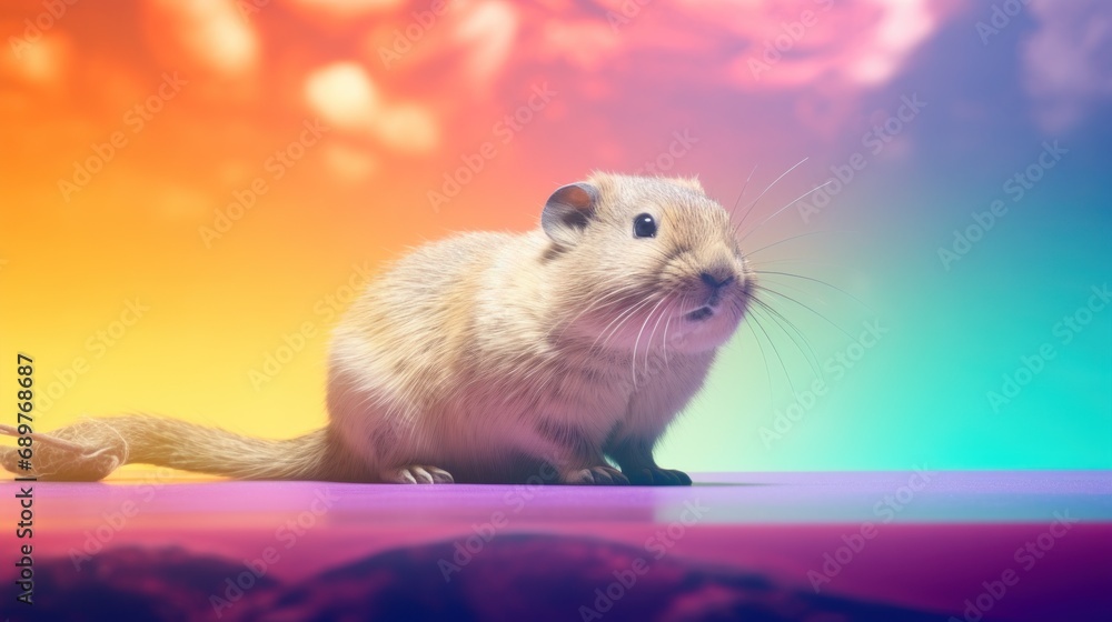 Poster a close up of a rodent sitting on a surface with a multicolored sky and clouds in the background.