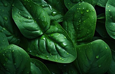 a close up of a bunch of green leaves with drops of water on them and on the leaves are green leaves with drops of water on them.