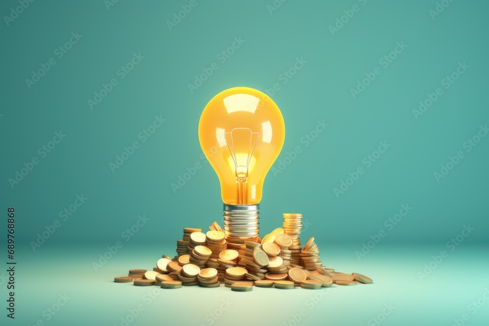Poster a light bulb sitting on top of a pile of coins. this image can be used to represent financial succes