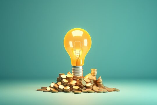 A light bulb sitting on top of a pile of coins. This image can be used to represent financial success or the idea of saving money - Powered by Adobe