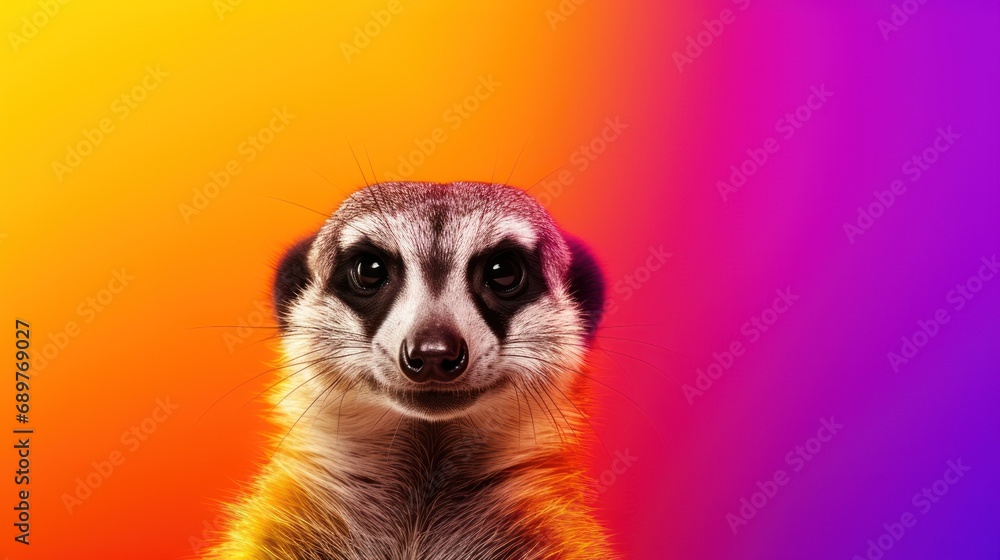 Poster a close - up of a meerkat's face with a multicolored background in the background.