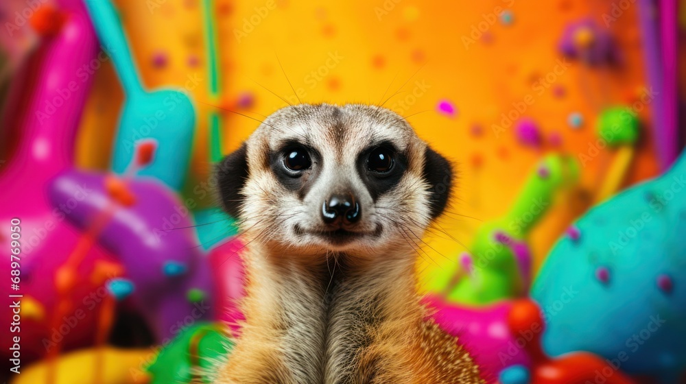 Aufkleber a close up of a meerkat in front of a background of balloons and confetti with a surprised look on h