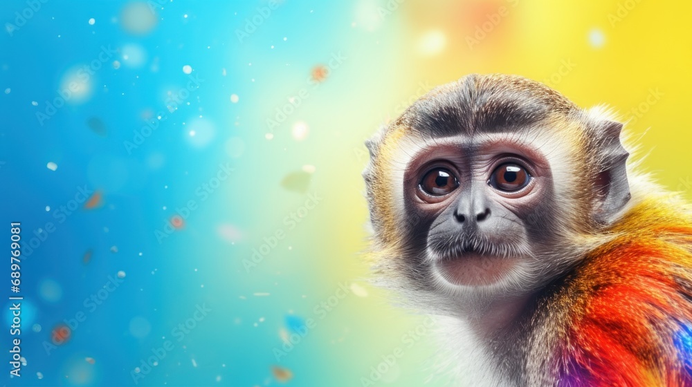 Poster a close up of a monkey with a multicolored coat on it's back and a blurry background.