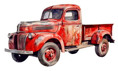 Watercolor illustration of a red farm pickup truck. Transparent background, png. Ai generated.