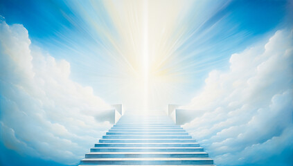 A  staircase leading up to a bright light in the sky  with fluffy white clouds. The light is shining down on the staircase and is the focal point. Hope and ascension mood. - obrazy, fototapety, plakaty