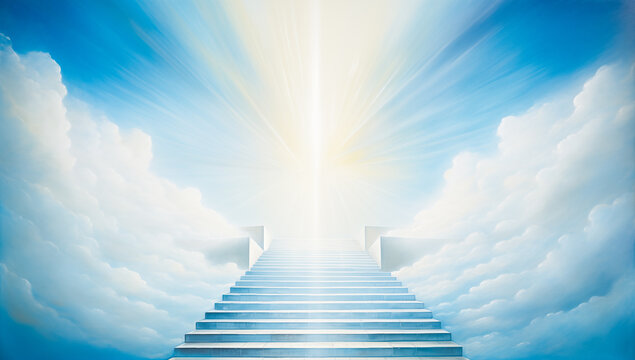 A  staircase leading up to a bright light in the sky  with fluffy white clouds. The light is shining down on the staircase and is the focal point. Hope and ascension mood.