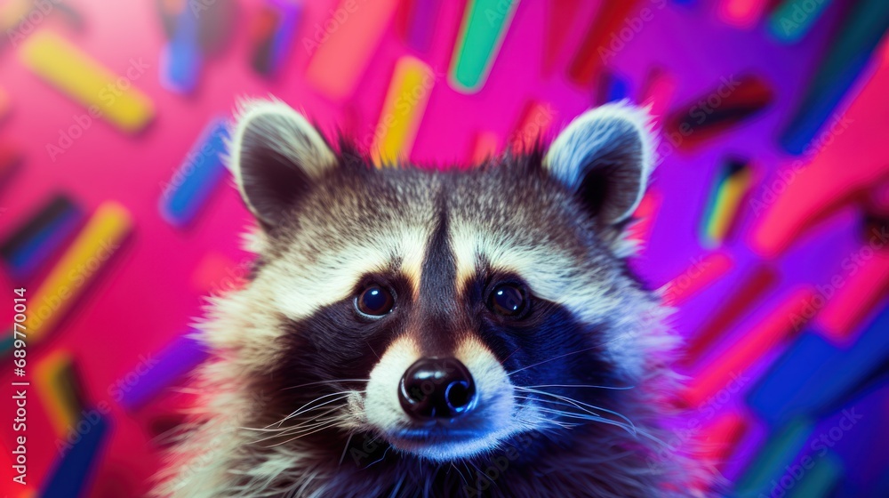 Poster a raccoon looking at the camera in front of a multicolored background of squares and rectangles.