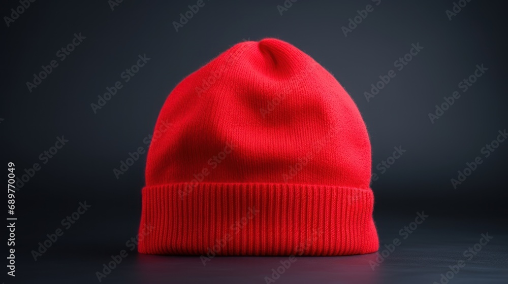 Poster a red beanie sitting on top of a black surface in front of a dark background with a light coming fro