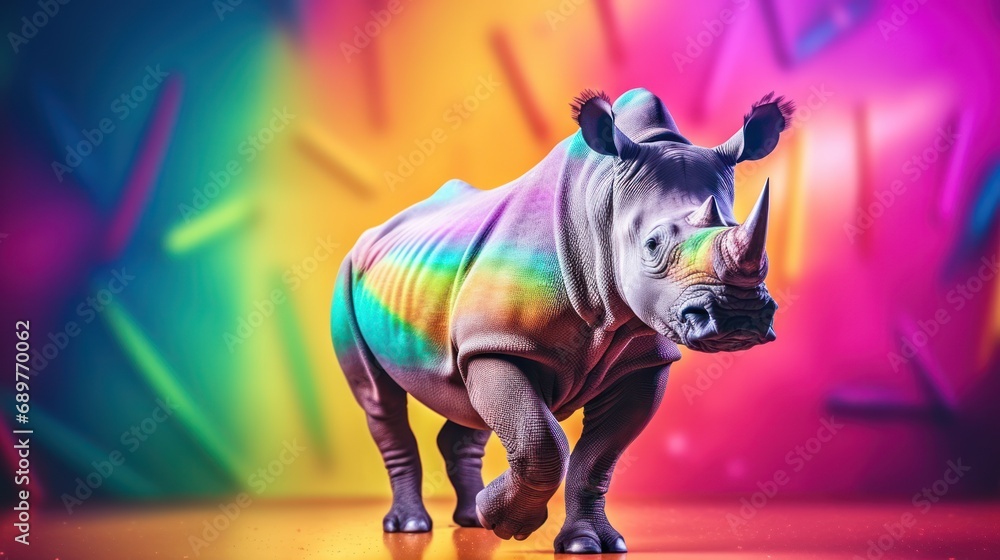 Poster a rhinoceros standing in front of a multicolored background with a rainbow light coming from behind 