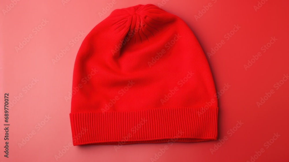 Poster a red beanie sitting on top of a red table next to a red wall and a red wall behind it.