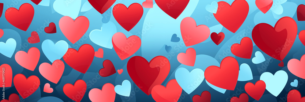 Wall mural blue and red hearts pattern background banner. valentine's day. panoramic web header with copy space