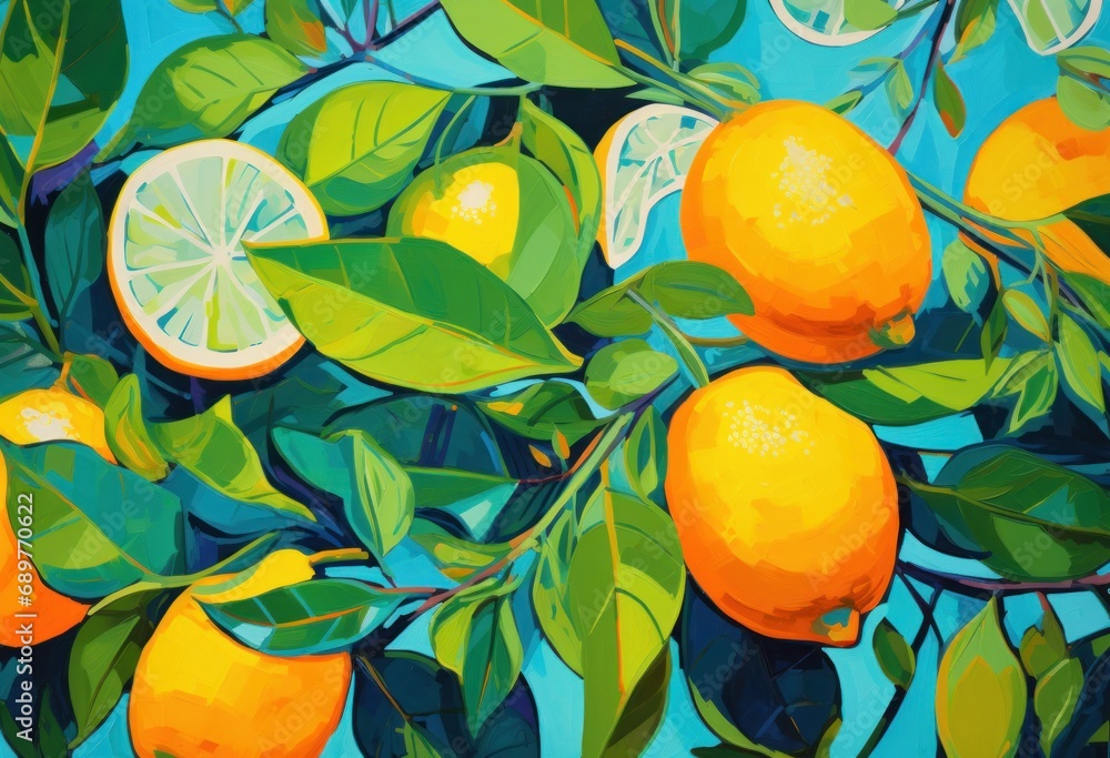 Poster  a painting of a bunch of lemons on a tree branch with leaves and a slice of lemon on it.