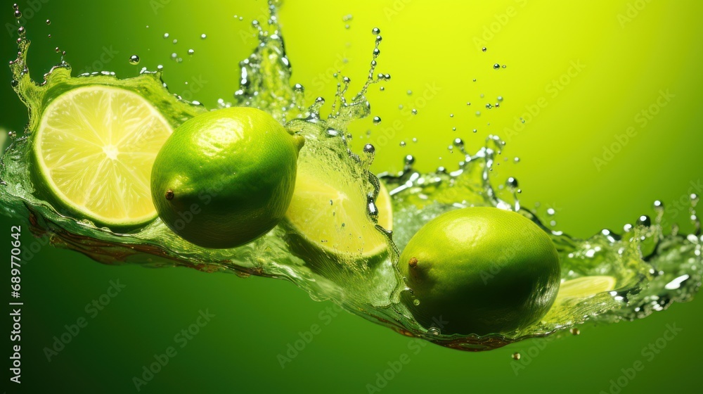 Poster limes with water splashing on them and a lime slice in the middle of the image on a green background