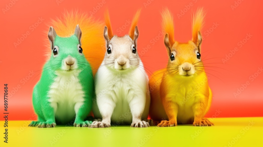 Poster a group of three rabbits sitting next to each other on top of a yellow and green floor in front of a