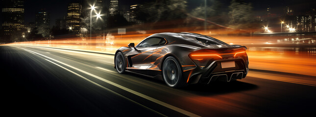 Sport car with motion blur on the road, Cyberpunk Fire Racing Car At High Speed On Street, car on...