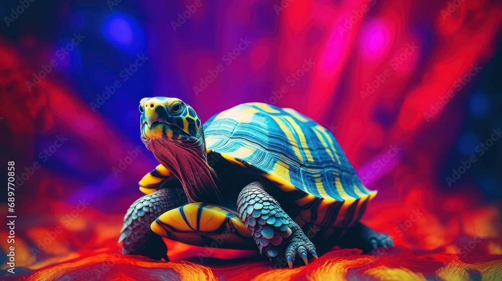 Poster a close up of a turtle on a red and blue background with a blurry image of it's head.