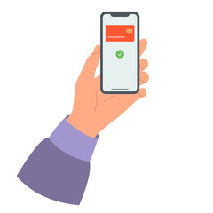 Phone in hand with virtual credit card on the screen. Modern flat Illustration on transparent background
