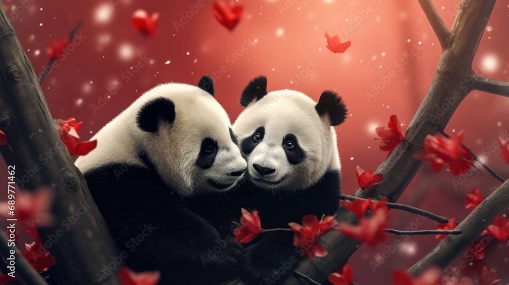 Poster two black and white pandas sitting in a tree with red leaves on the branches and a red sky in the ba