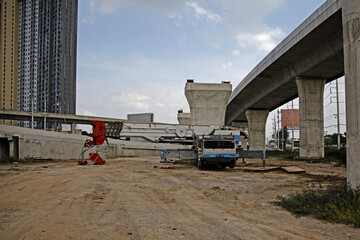 truck crane, bridge, construction site, crane on a construction site.