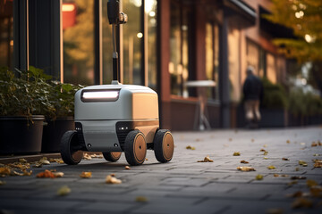 Autonomous delivery robot on the street. Concept of future, technology, unmanned courier robot.