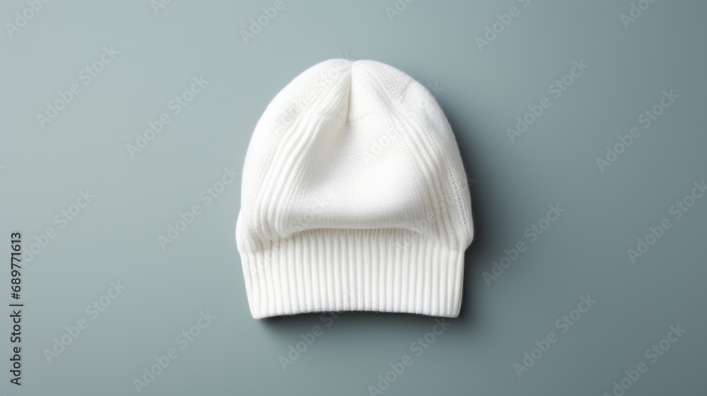 Poster a white hat laying on top of a gray surface next to a white object on a gray surface with a shadow f