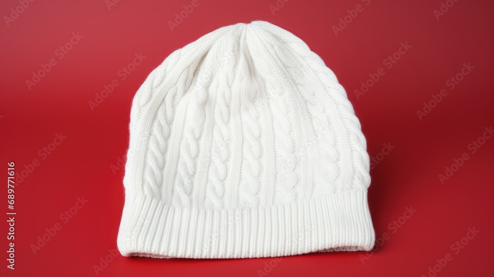 Poster a white knitted beanie on a red background with a clipping path to the top of the beanie.