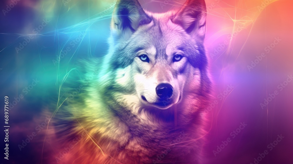 Poster a close up of a wolf's face with a multicolored background and a blurry image of the wolf's head.