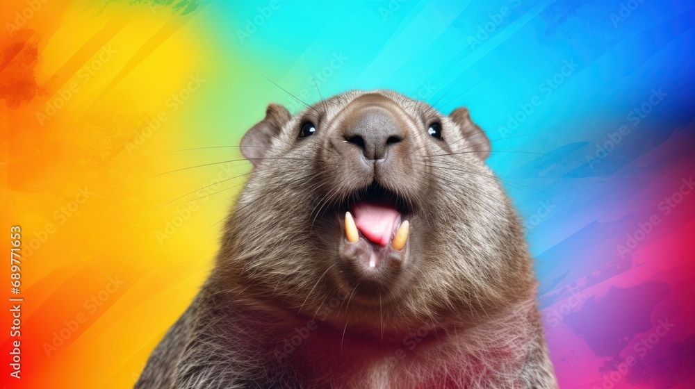 Poster a close up of a rodent with its mouth open and tongue out with a multicolored background in the back